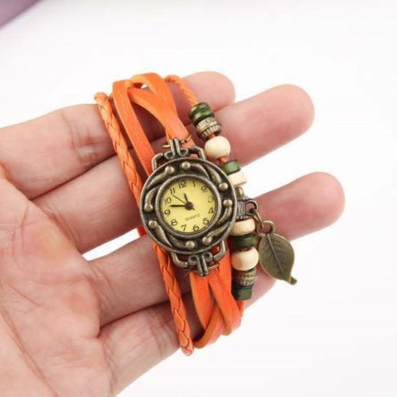 Beaded Bracelet Boho Watch - Leaf Charm - Orange - Picture 1 of 9
